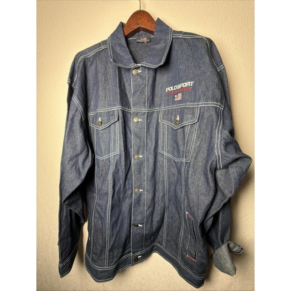 Y2K RALPH LAUREN DENIM‎ JEAN JACKET XL Embroidered Button Down Contrast Stitch